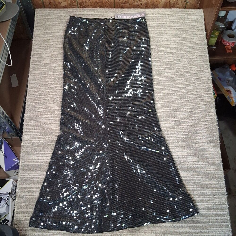 ​Missguided Sequin Maxi Skirt L Black Mermaid Shimmer Long Holiday Party Zip New